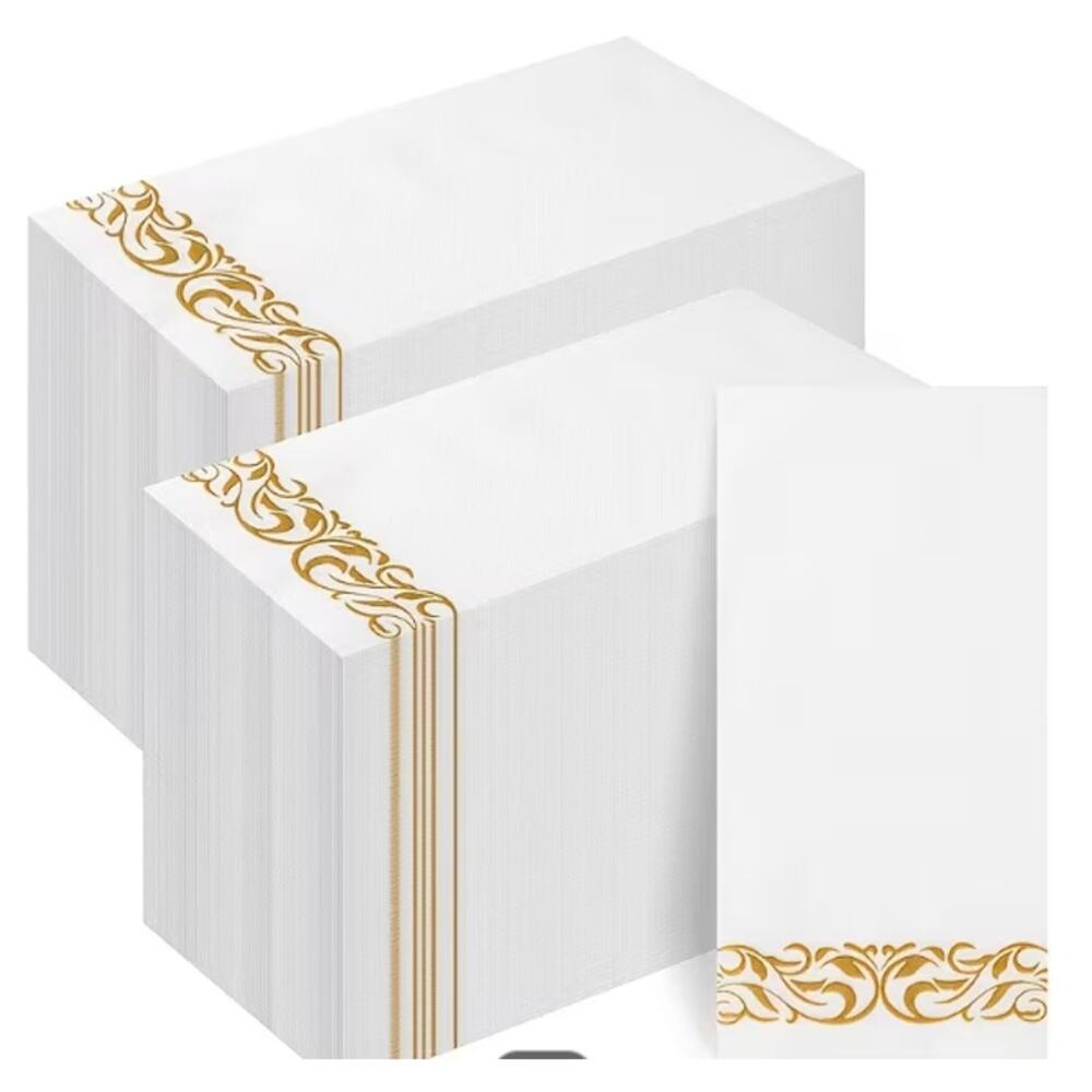 Dayammi 200 Pc White Napkins With Gold Trim For Dinner Wedding Classy s30